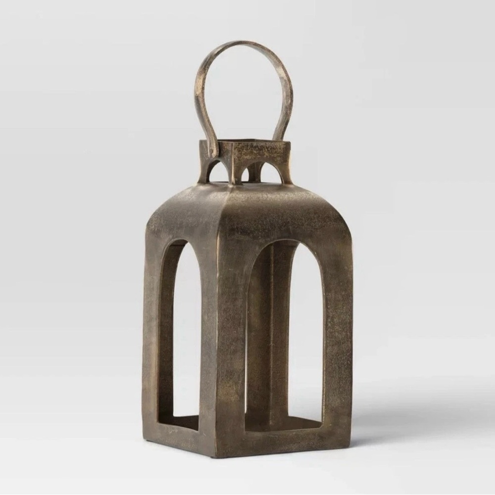 NEW Threshold - 13"x7.5" Pillar Cast Aluminum Lantern Candle Outdoor GOLD Bronze